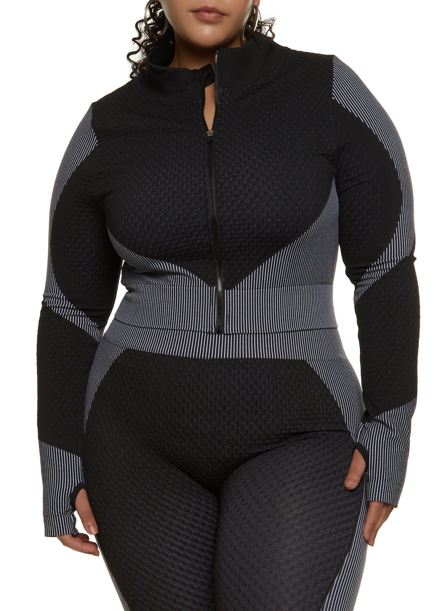 Plus Size Seamless Striped Detail Waffle Knit Track Jacket sold by Rainbow