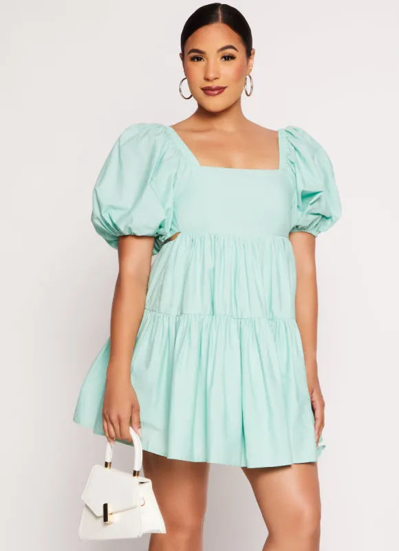 Poplin Puff Sleeve Mini Skater Dress sold by Rainbow
