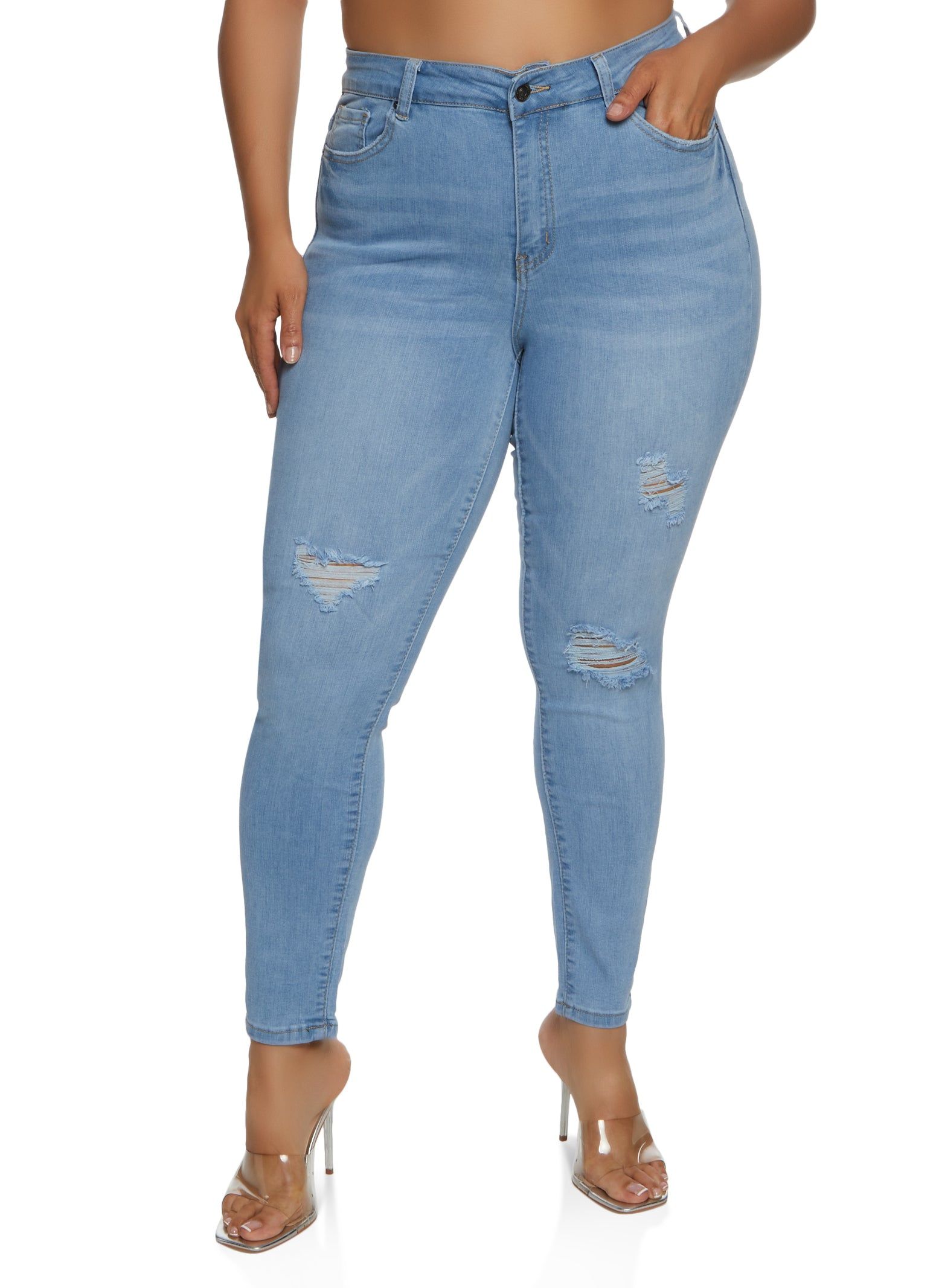 Plus Size WAX Distressed Whiskered High Waisted Skinny Jeans sold by Rainbow