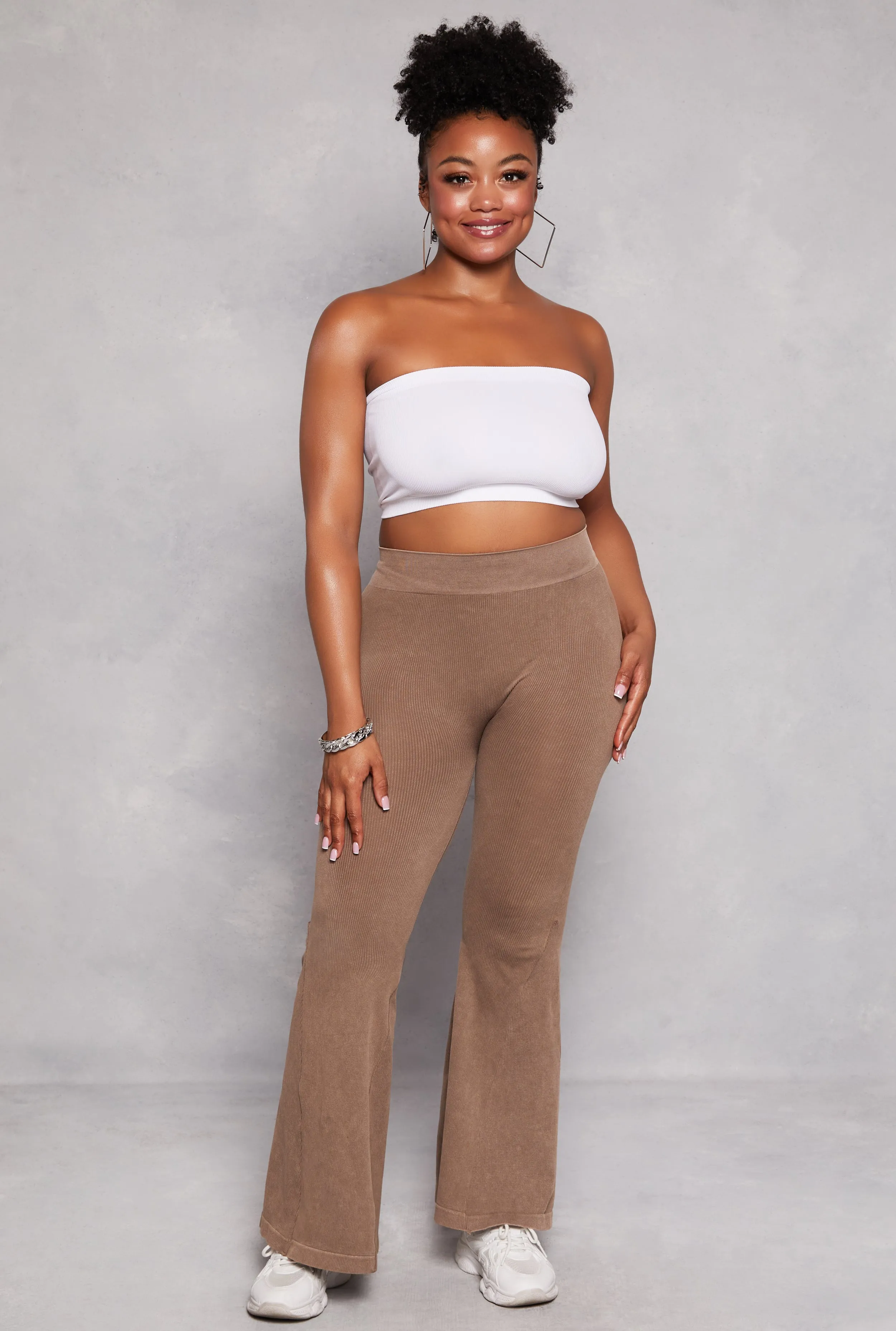 Plus Size Seamless Ribbed High Waisted Flare Pants sold by Rainbow