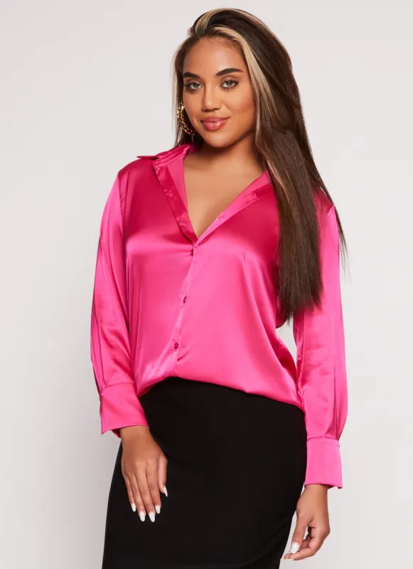 Satin Button Front Long Sleeve Shirt sold by Rainbow