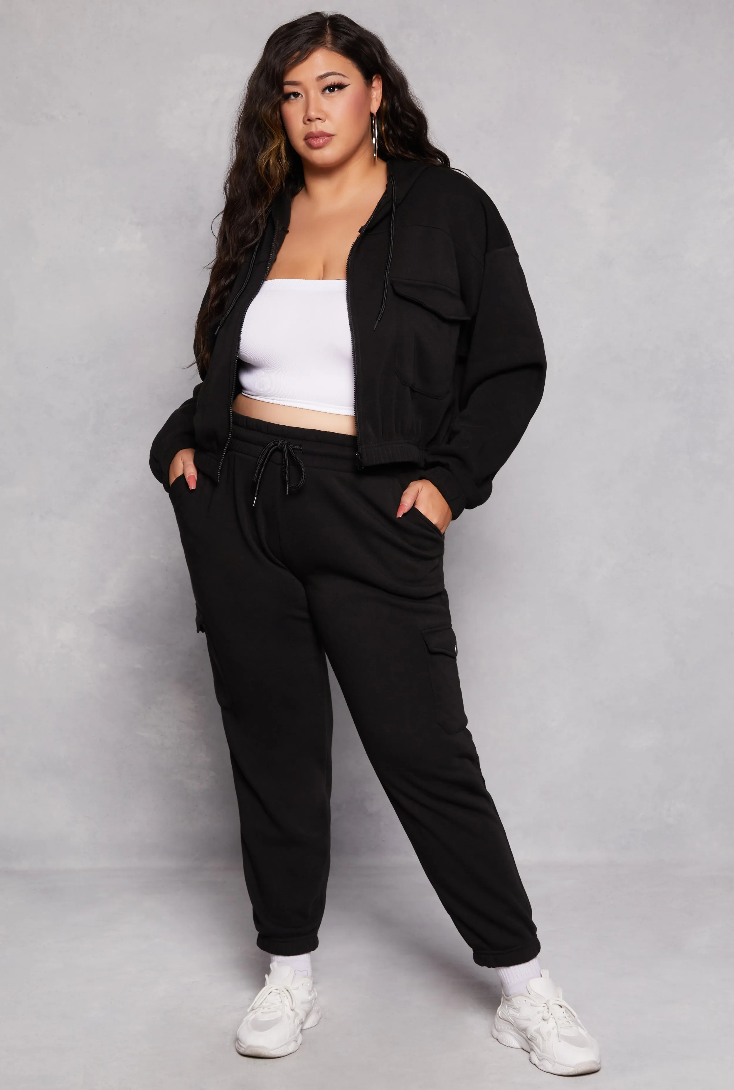 Plus Size Fleece Cargo Pocket Zip Front Hoodie sold by Rainbow product image thumbnail 2