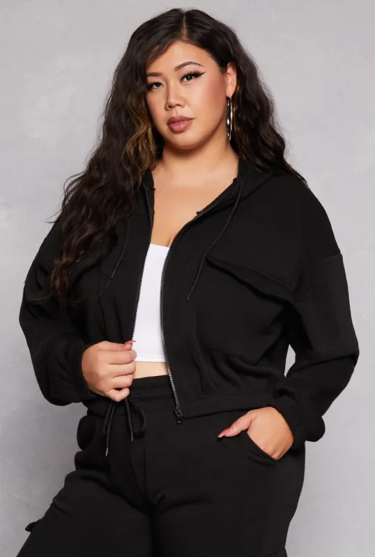 Plus Size Fleece Cargo Pocket Zip Front Hoodie sold by Rainbow