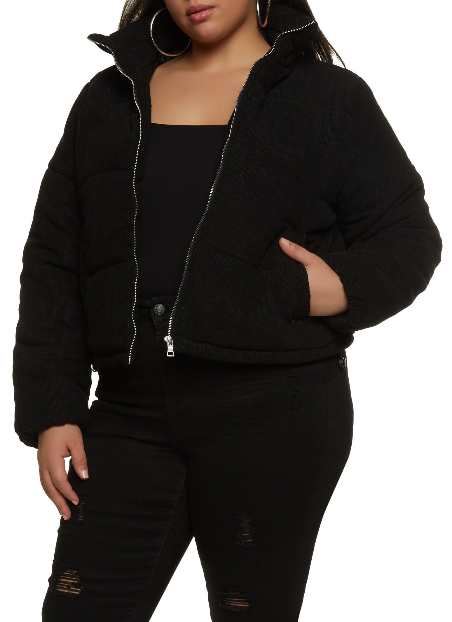 Plus Size Zip Front Corduroy Puffer Jacket sold by Rainbow