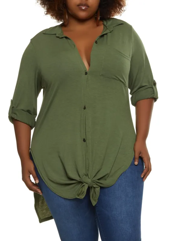 Plus Size Tie Front High Low Shirt sold by Rainbow