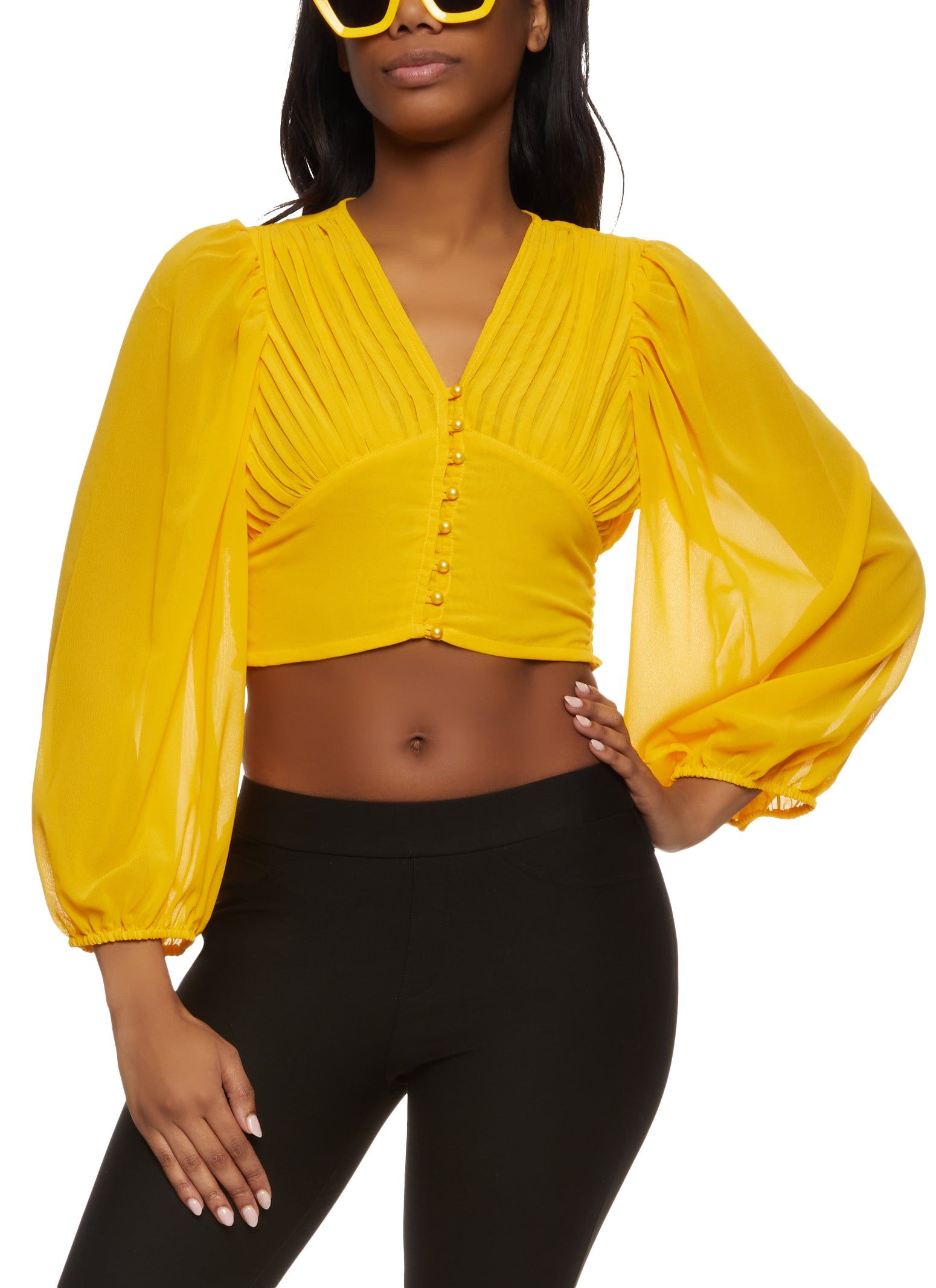 Pleated Button Front Cropped Blouse sold by Rainbow