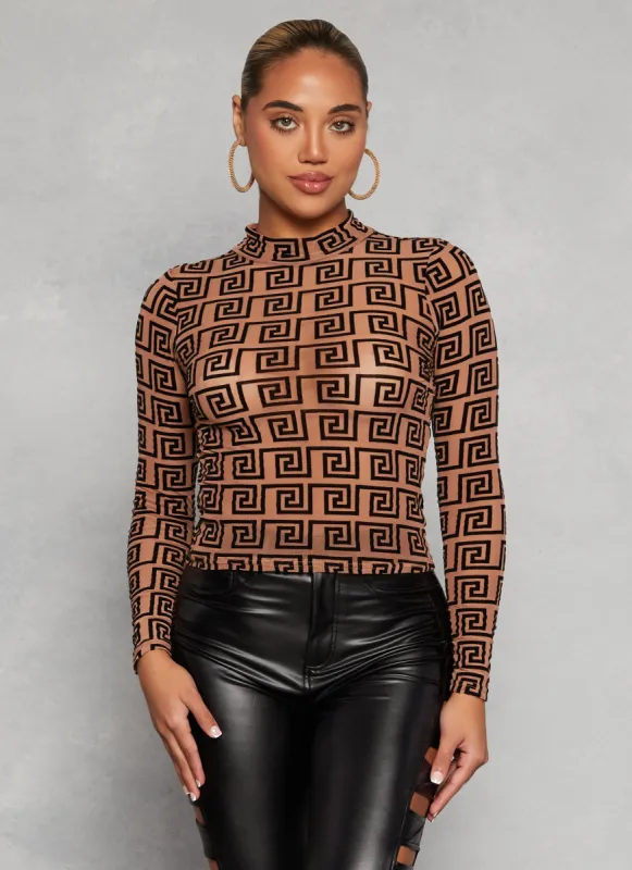 Patterned Velvet Burnout Mesh Top sold by Rainbow