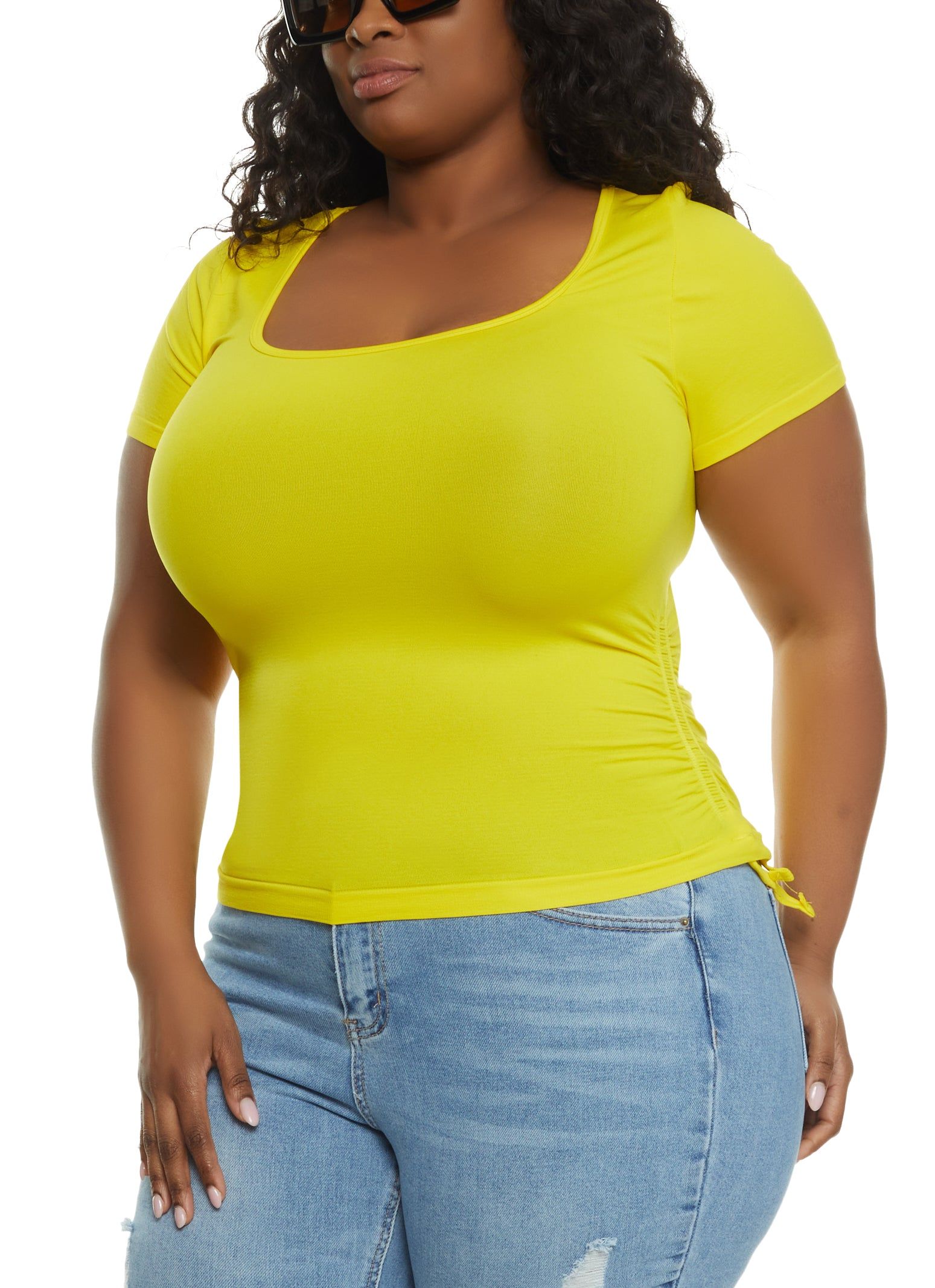 Plus Size Scoop Neck Ruched Side T Shirt sold by Rainbow