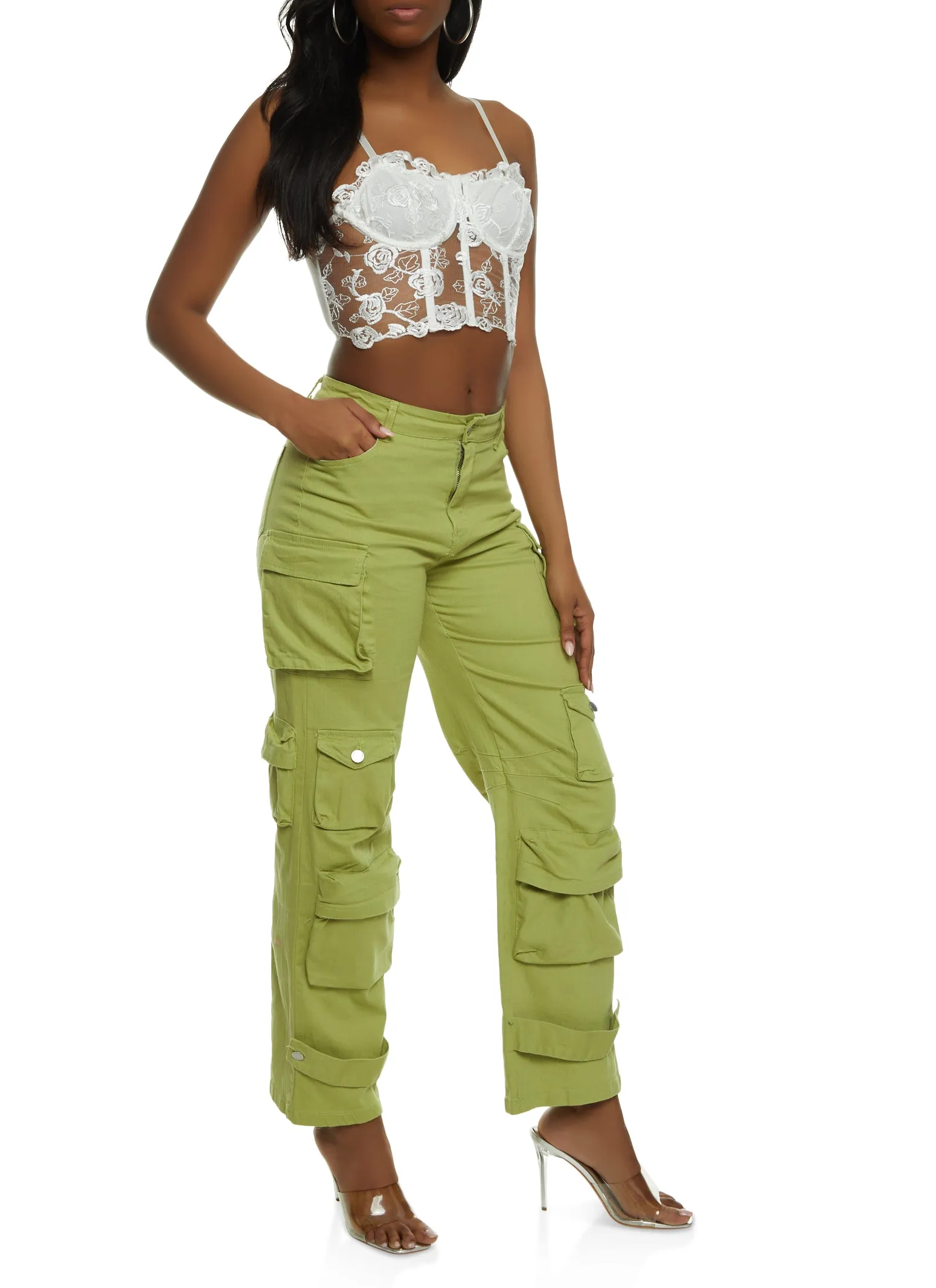 Twill Wide Leg Strap Cargo Pants sold by Rainbow