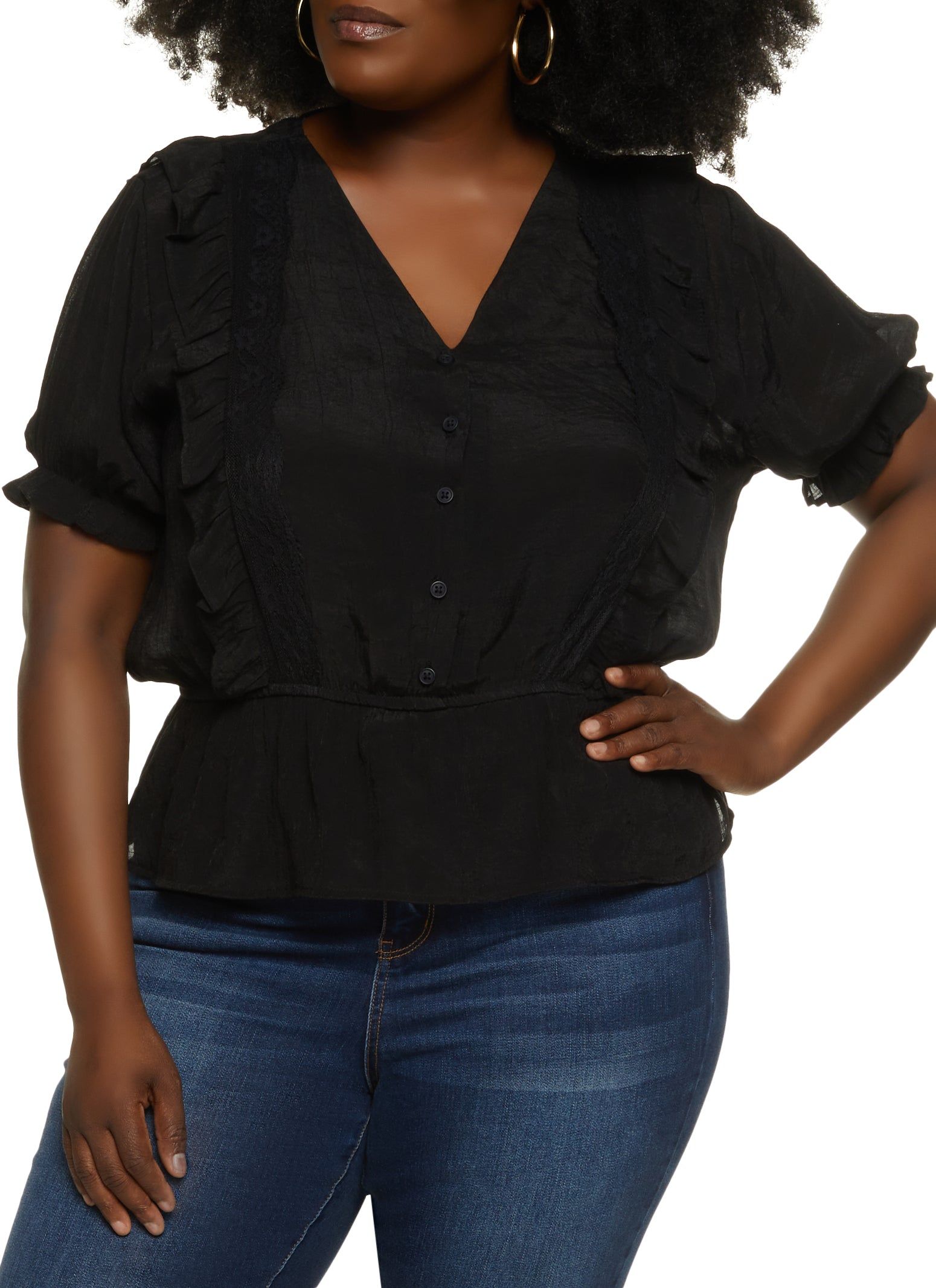 Plus Size Button Front Peasant Top sold by Rainbow