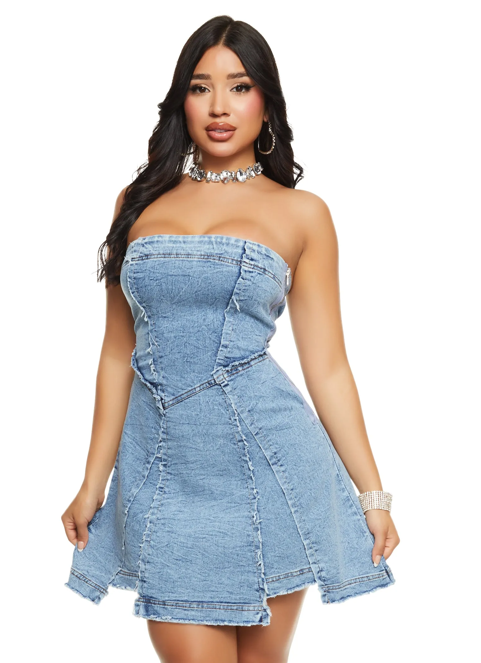 Denim Strapless Flare Mini Dress sold by Rainbow