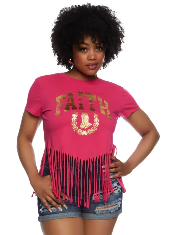 Plus Size Fringe Hem Faith Foil Graphic T Shirt sold by Rainbow