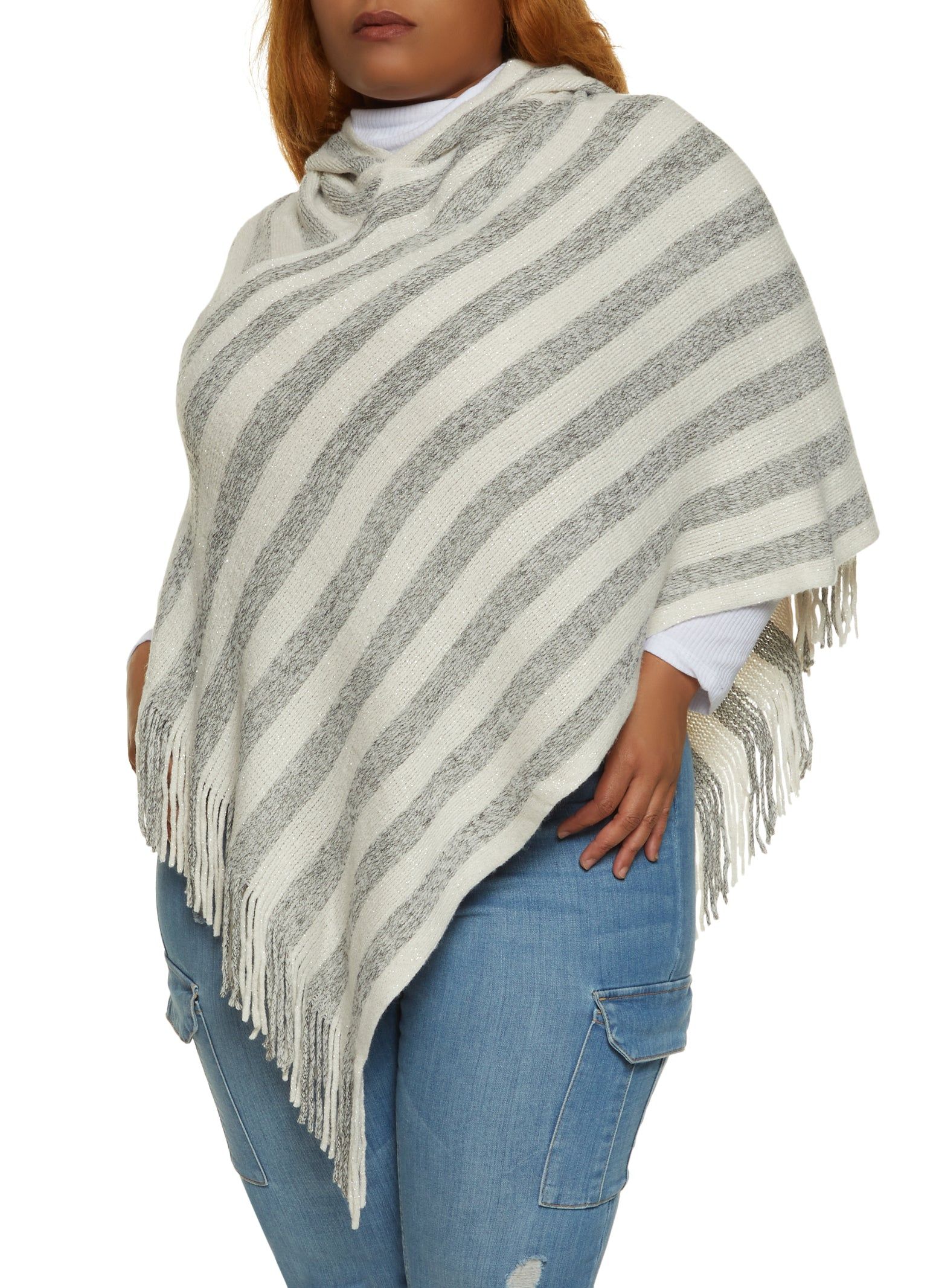 Striped Lurex Fringe Hem Asymmetrical Poncho sold by Rainbow product image thumbnail 3