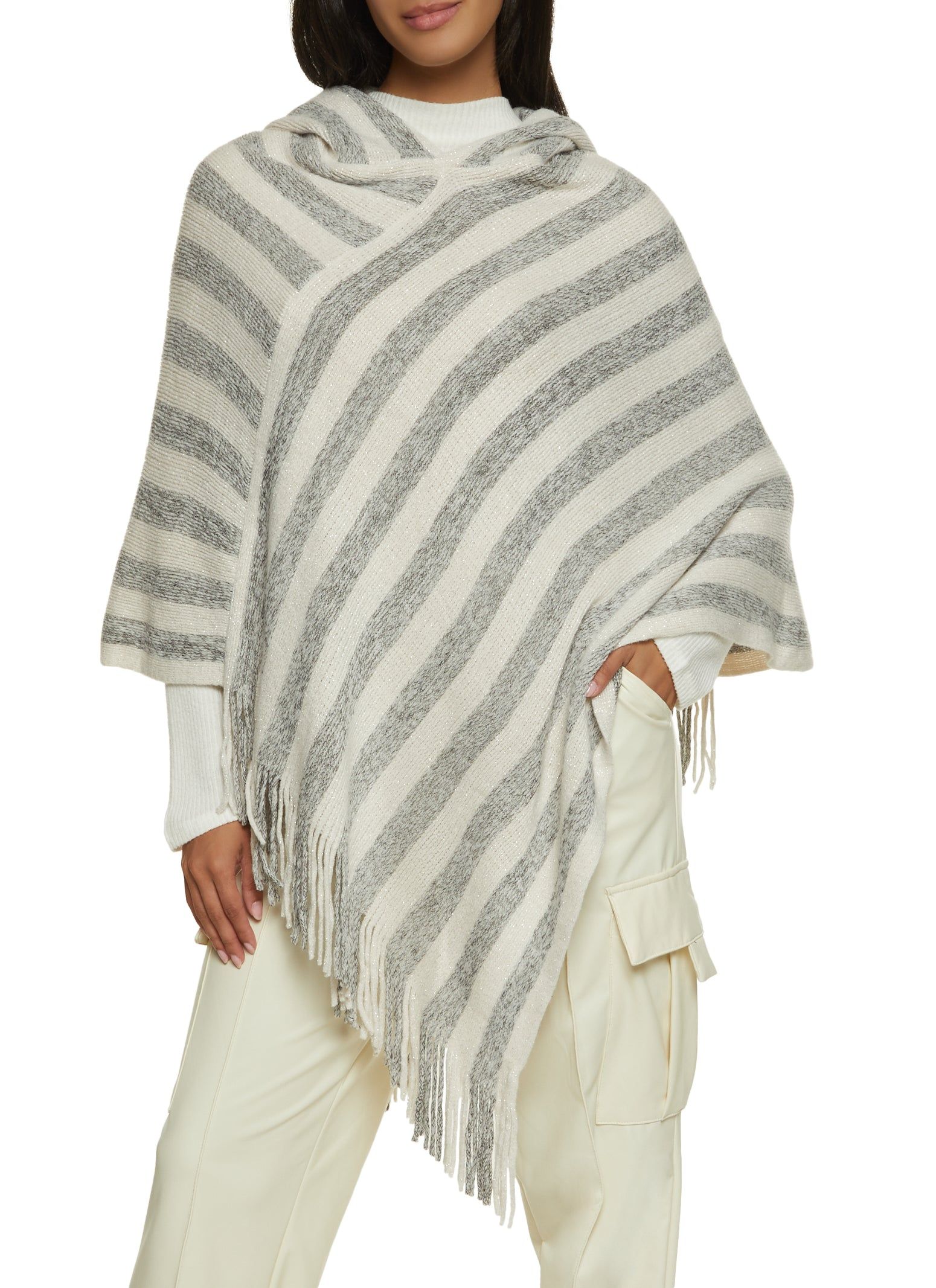 Striped Lurex Fringe Hem Asymmetrical Poncho sold by Rainbow