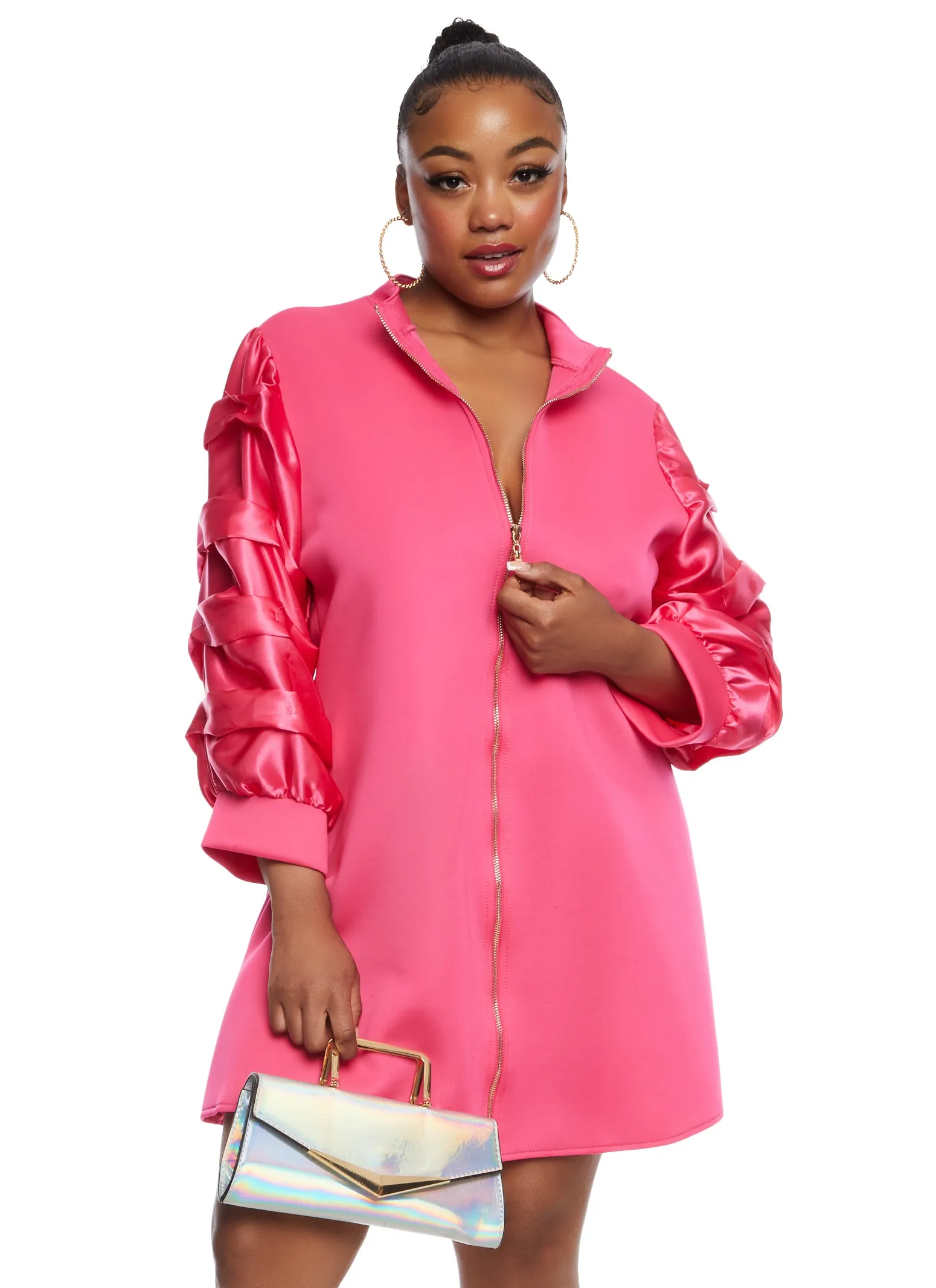 Plus Size Ruched Tiered Sleeve Zip Front Dress sold by Rainbow