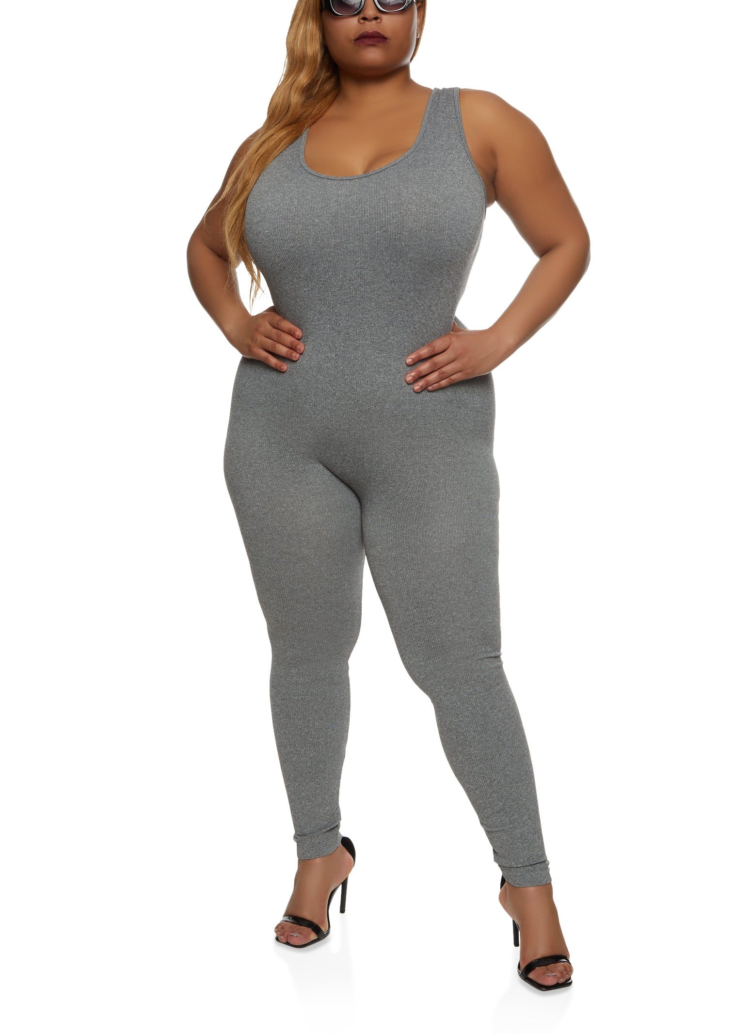 Plus Size Rib Knit Scoop Neck Catsuit sold by Rainbow