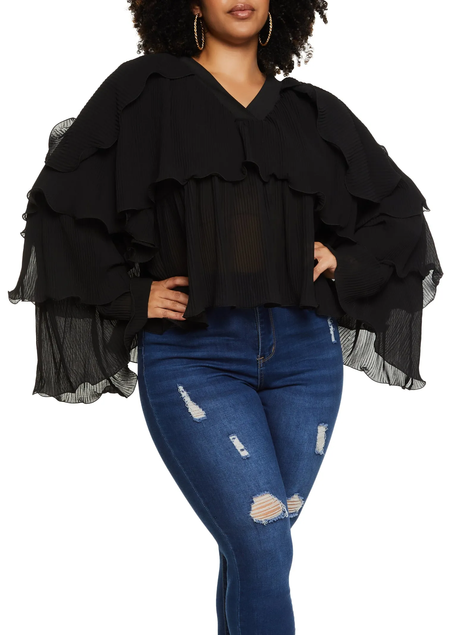 Plus Size Plisse Ruffled Tiered Bell Sleeve Blouse sold by Rainbow