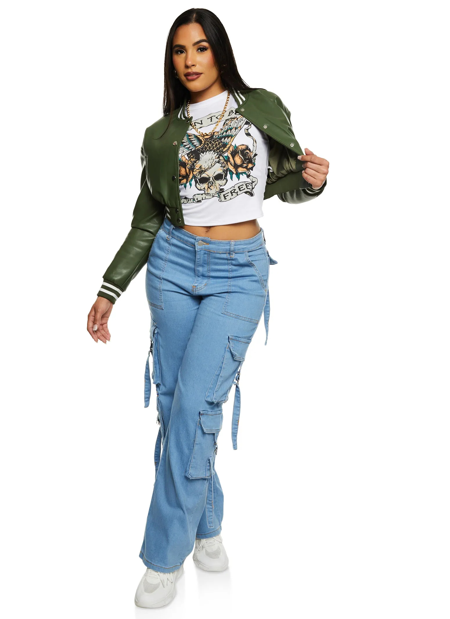 Daisy Faux Leather Cropped Bomber Jacket sold by Rainbow product image thumbnail 2