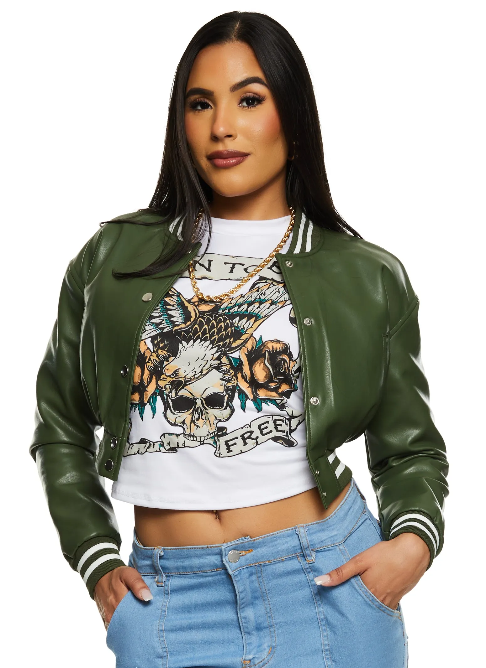 Daisy Faux Leather Cropped Bomber Jacket sold by Rainbow