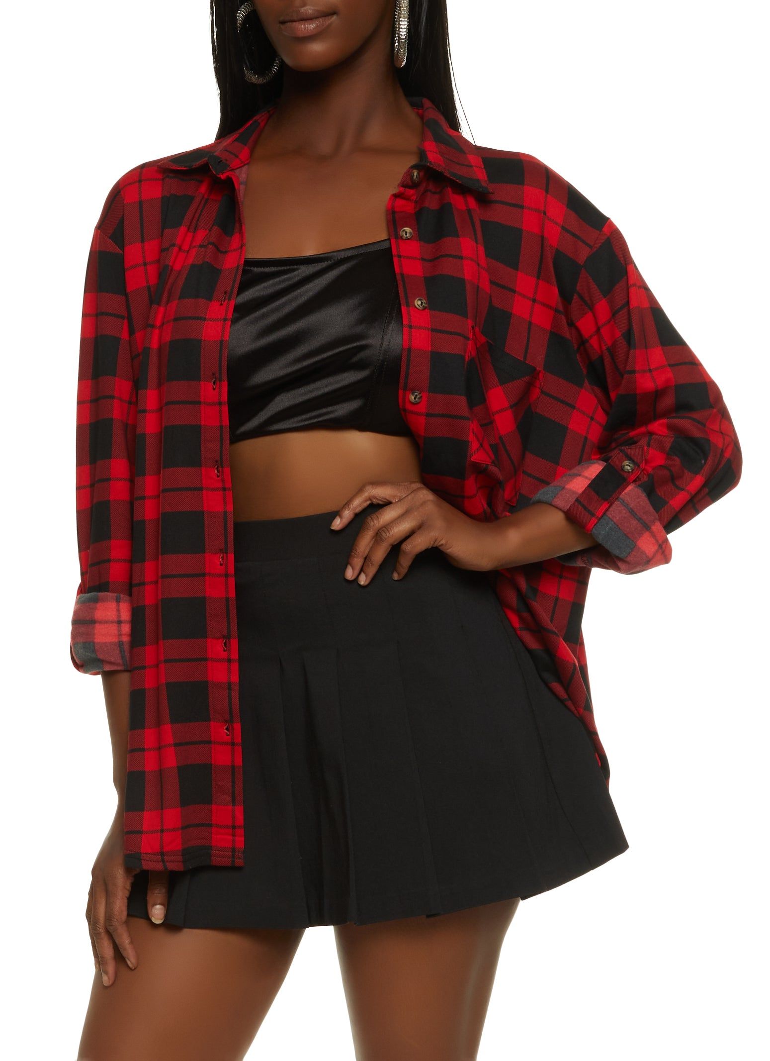 Plaid Button Front Tabbed Sleeve Shirt sold by Rainbow