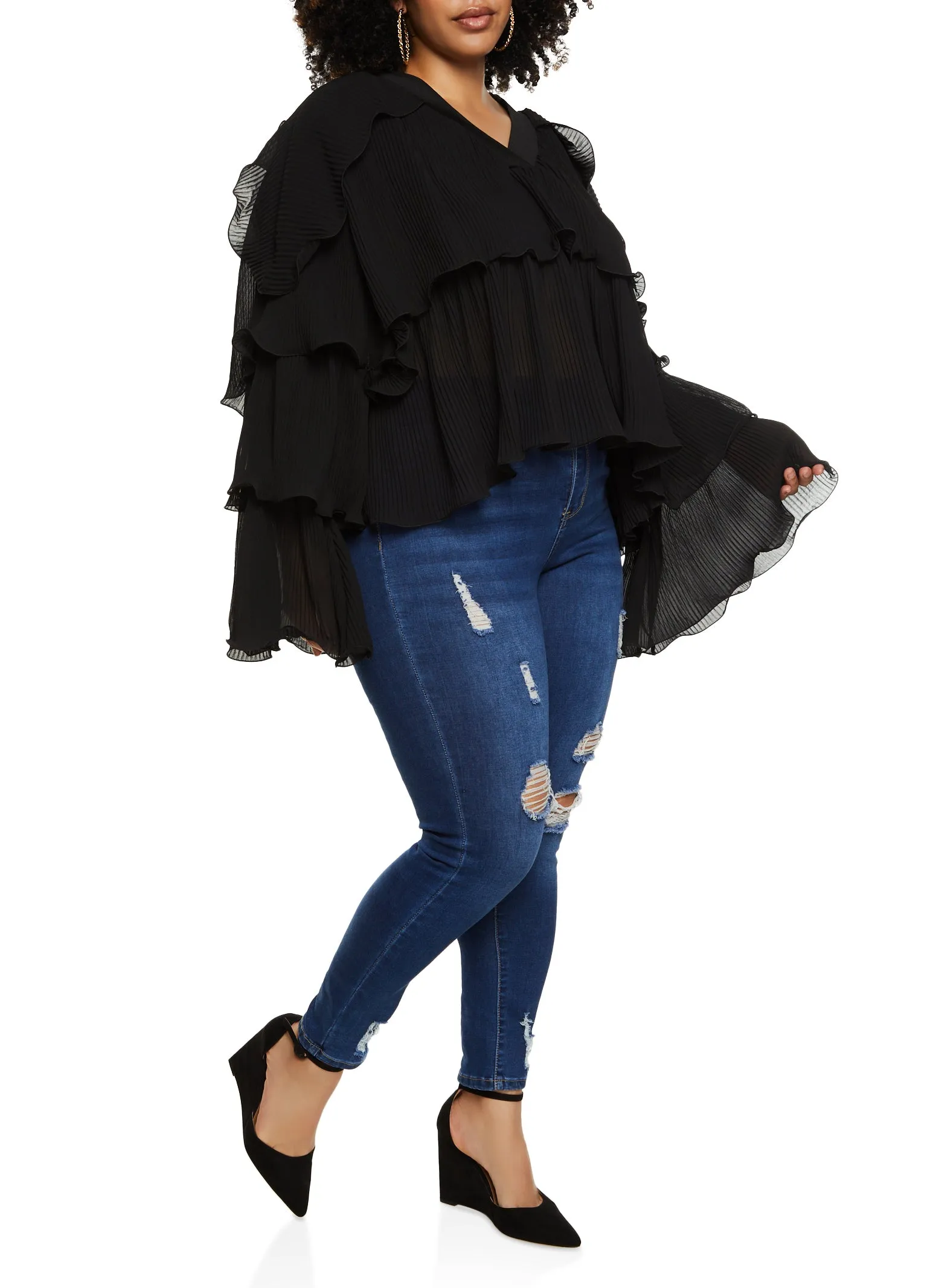 Plus Size Plisse Ruffled Tiered Bell Sleeve Blouse sold by Rainbow product image thumbnail 2
