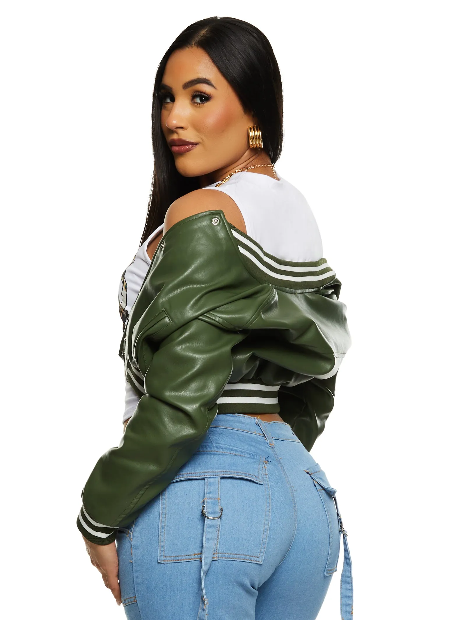 Daisy Faux Leather Cropped Bomber Jacket sold by Rainbow product image thumbnail 3