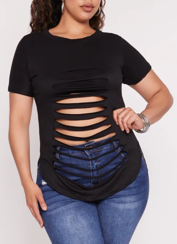 Plus Size Slashed High Low Tee sold by Rainbow