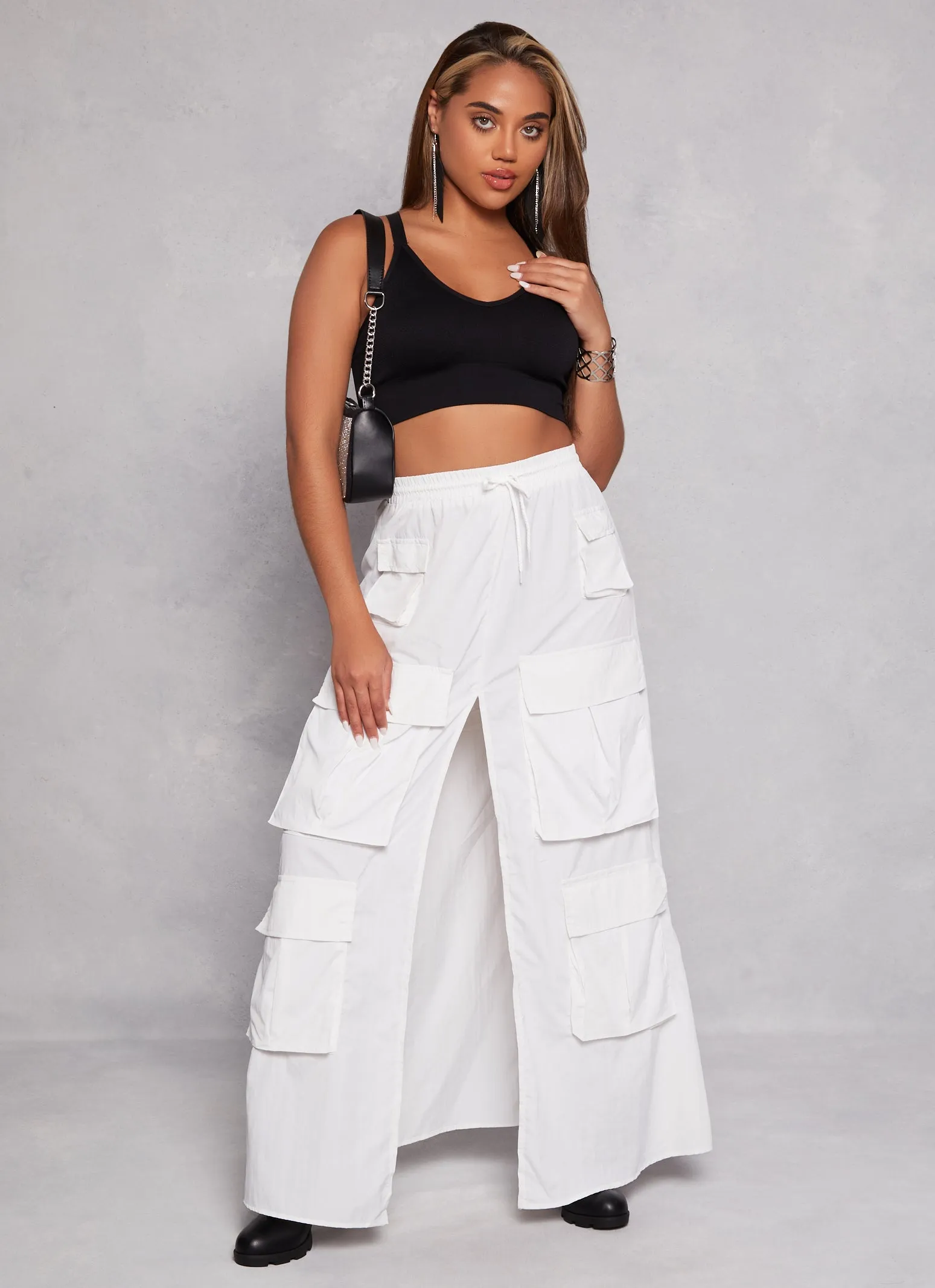 Nylon Drawstring Front Slit Maxi Cargo Skirt sold by Rainbow