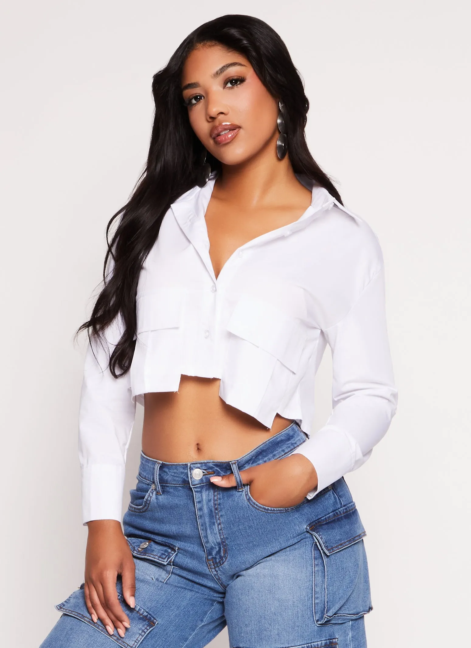 Flap Pocket Long Sleeve Cropped Shirt sold by Rainbow