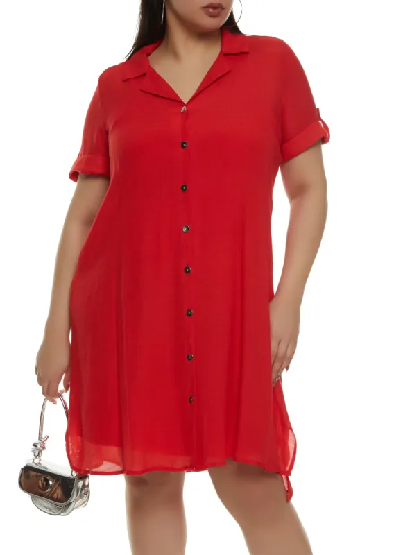 Plus Size Button Front Shirt Mini Dress sold by Rainbow