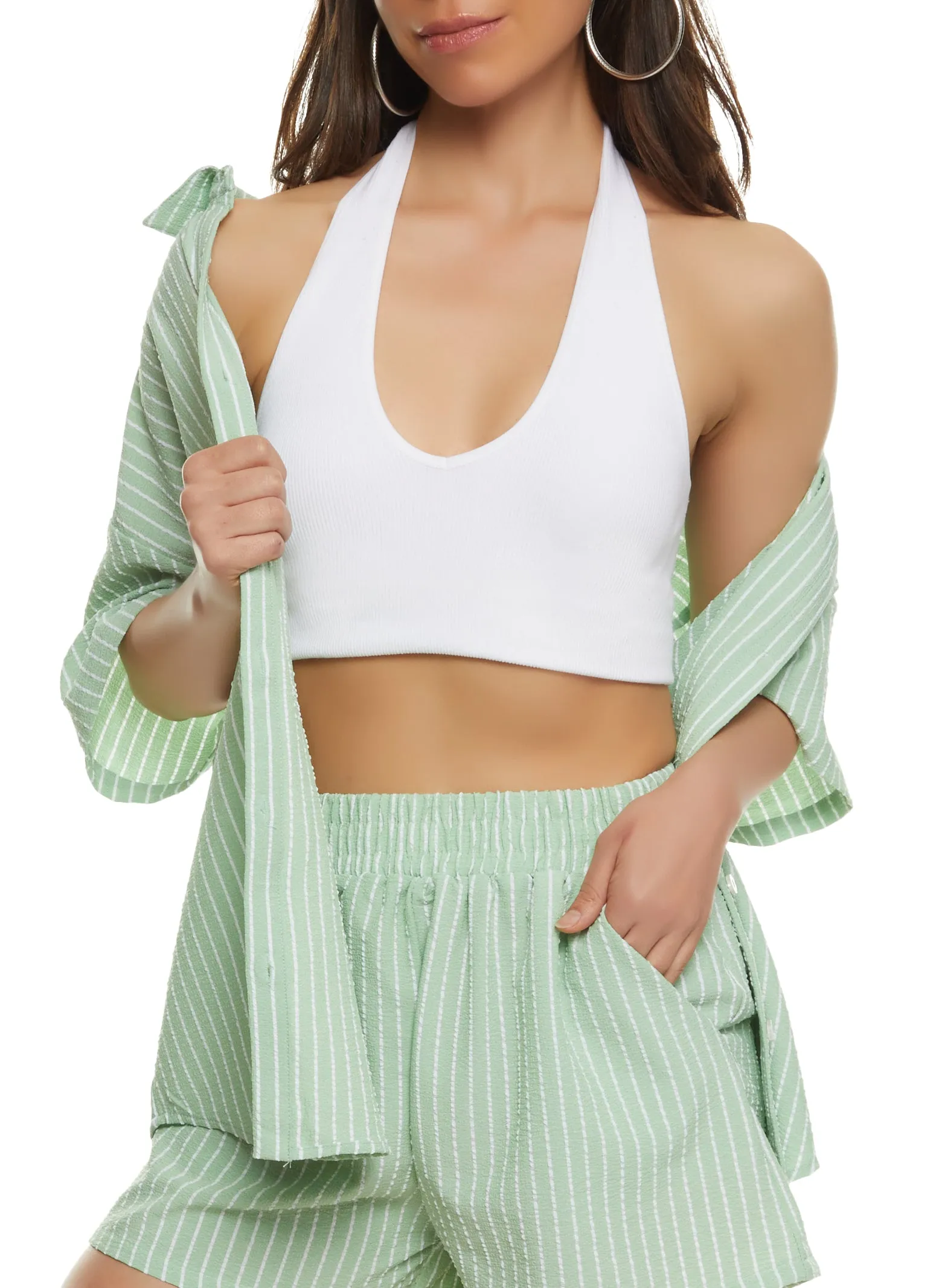 Textured Knit Striped Oversized Button Front Shirt sold by Rainbow