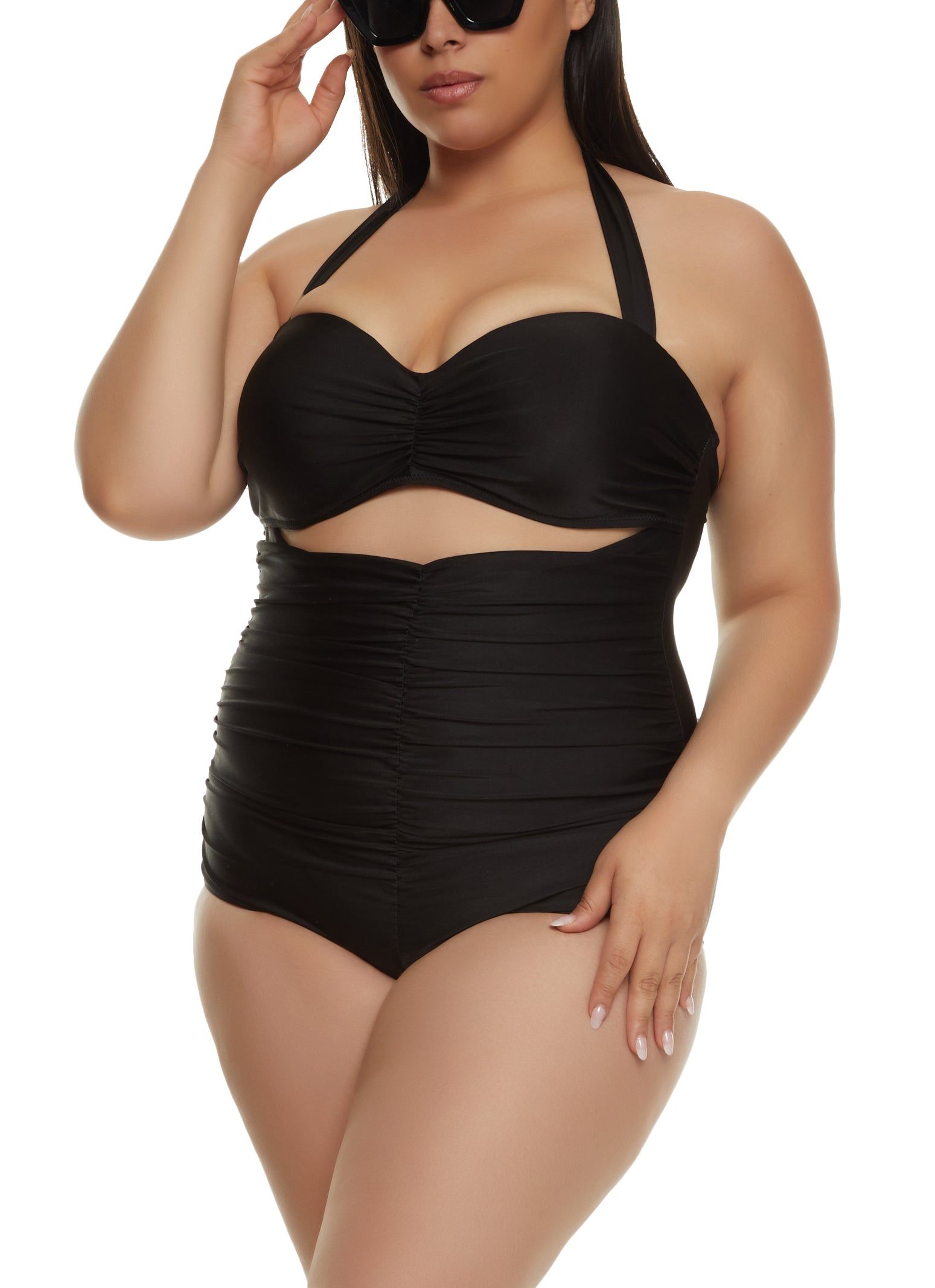 Plus Size Ruched Cut Out Front One Piece Swimsuit sold by Rainbow