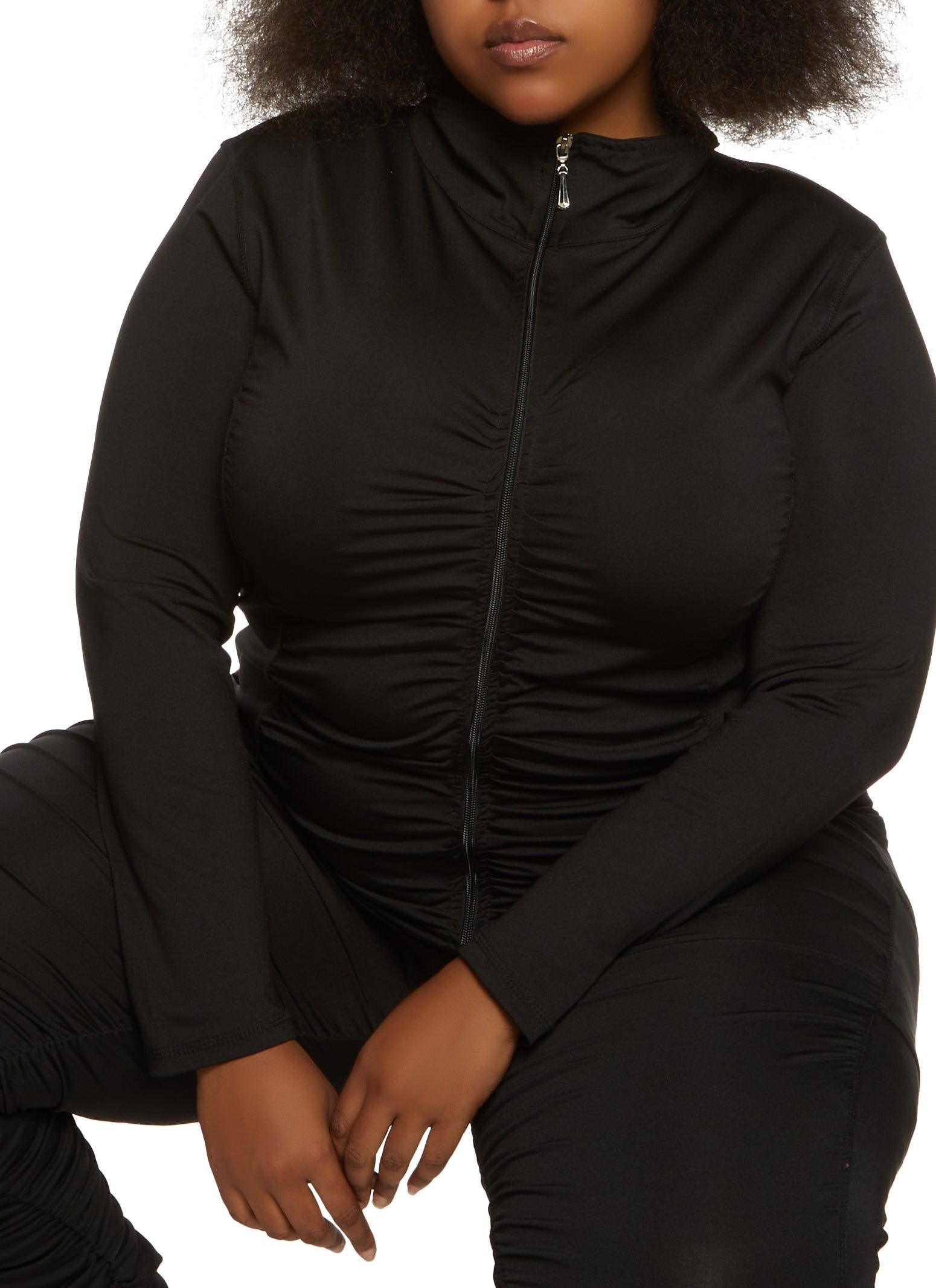 Plus Size Ruched Zip Front Track Jacket sold by Rainbow