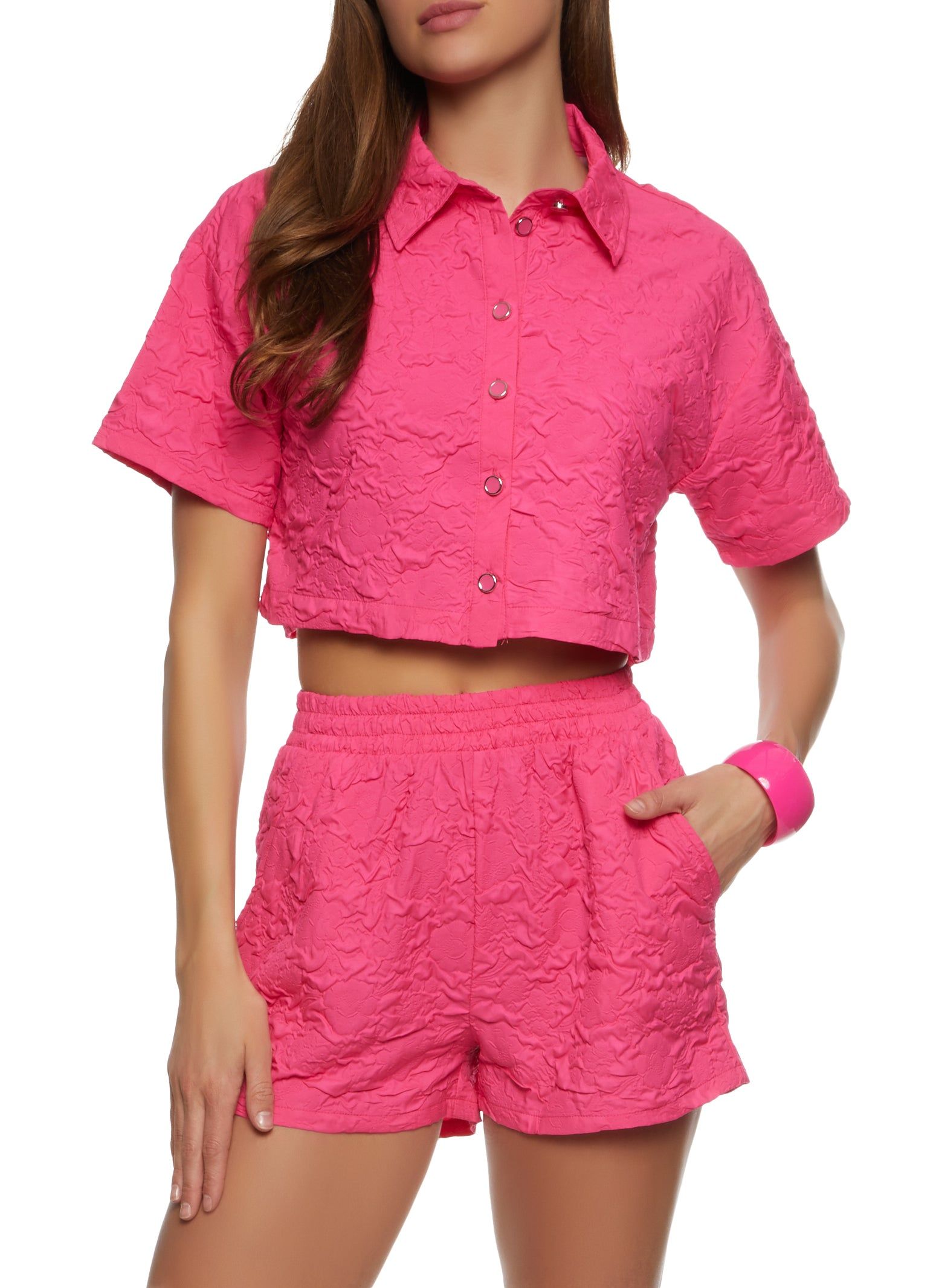 Textured Knit Floral Cropped Shirt sold by Rainbow