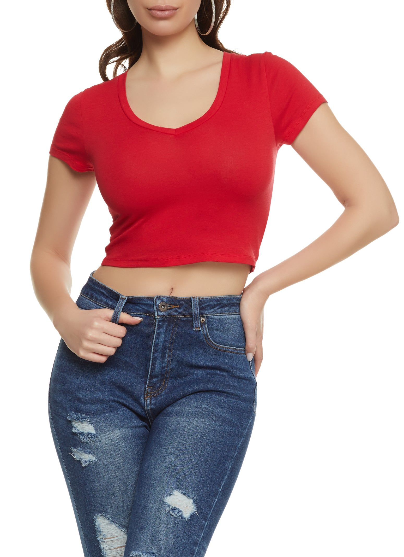 Solid Cropped V Neck Tee sold by Rainbow