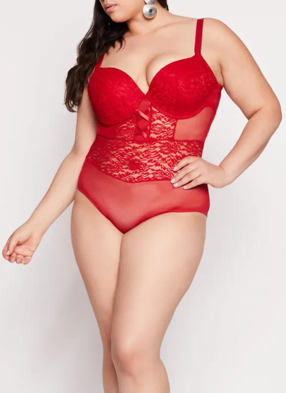 Plus Size Mesh Lace Bustier Bodysuit sold by Rainbow