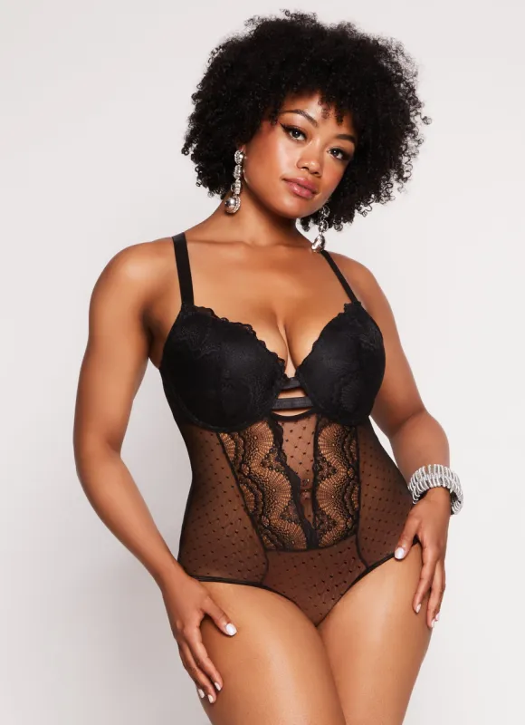 Plus Size Swiss Dot Lace Detail Bodysuit sold by Rainbow