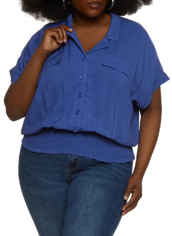 Plus Size Smocked Waist Button Front Blouse sold by Rainbow