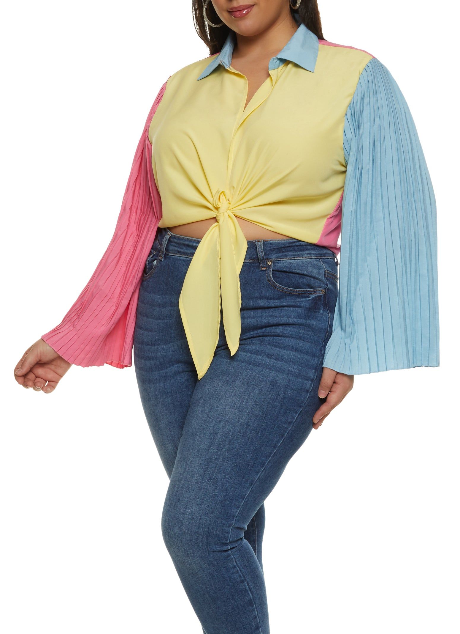 Plus Size Color Block Pleated Sleeve Blouse sold by Rainbow