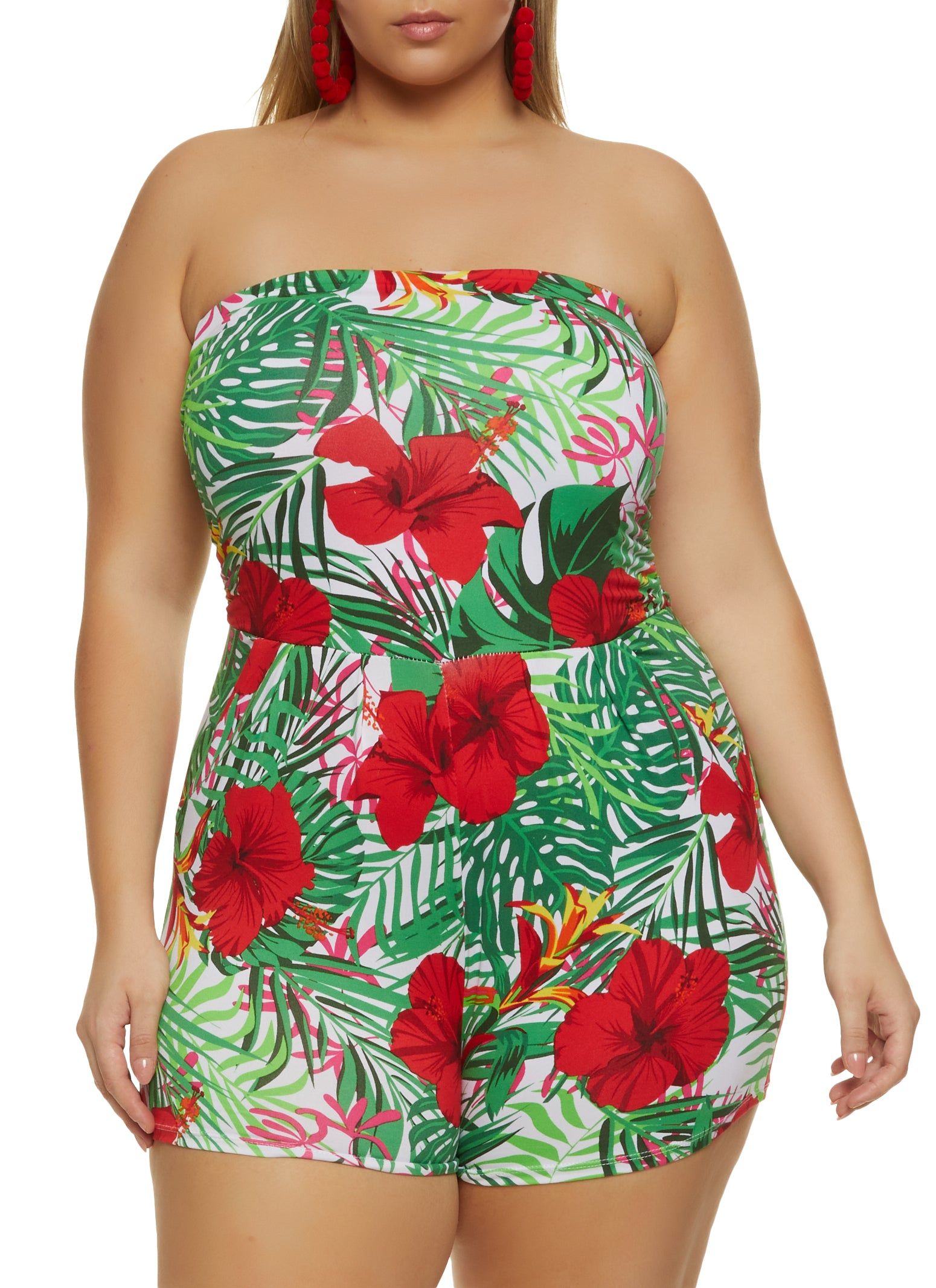 Plus Size Tropical Leaf Print Tube Romper sold by Rainbow