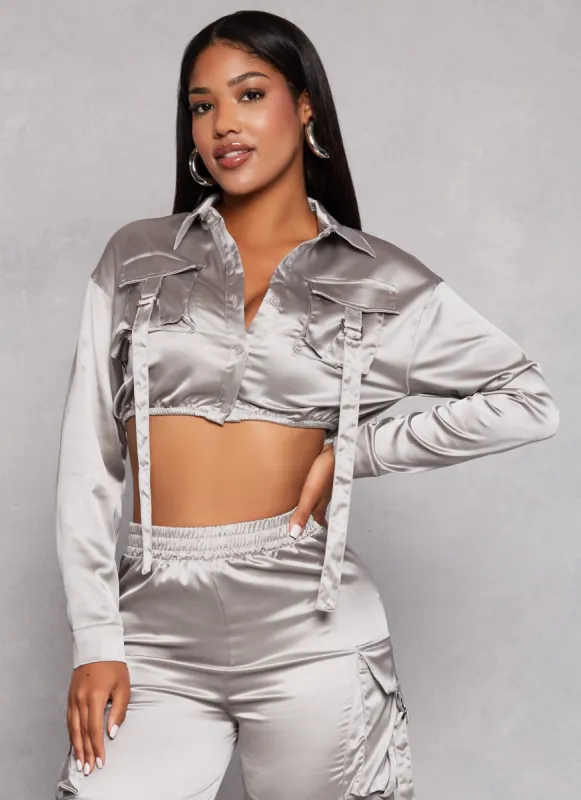 Satin Tabbed Cargo Pocket Crop Top sold by Rainbow