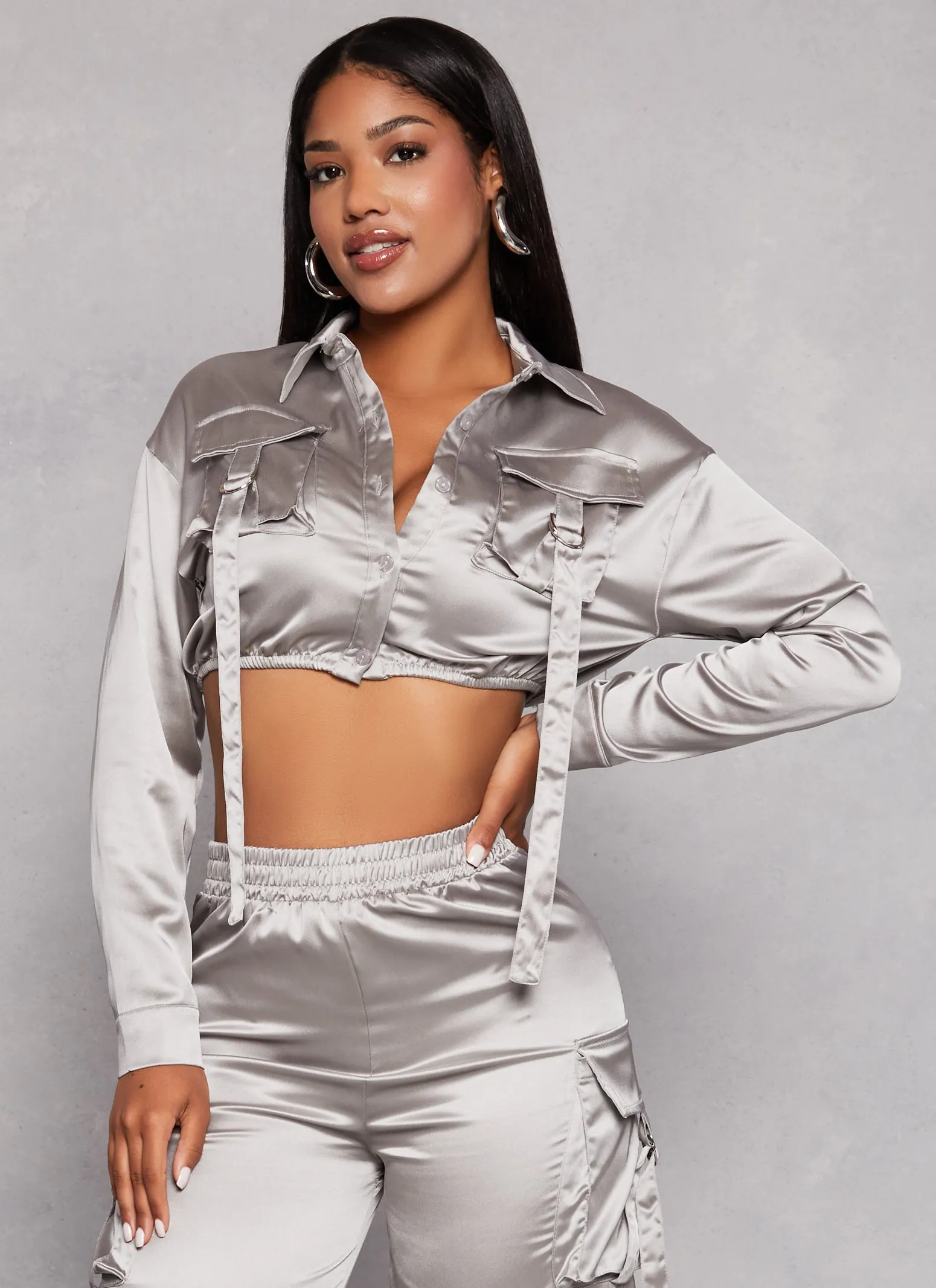 Satin Tabbed Cargo Pocket Crop Top sold by Rainbow