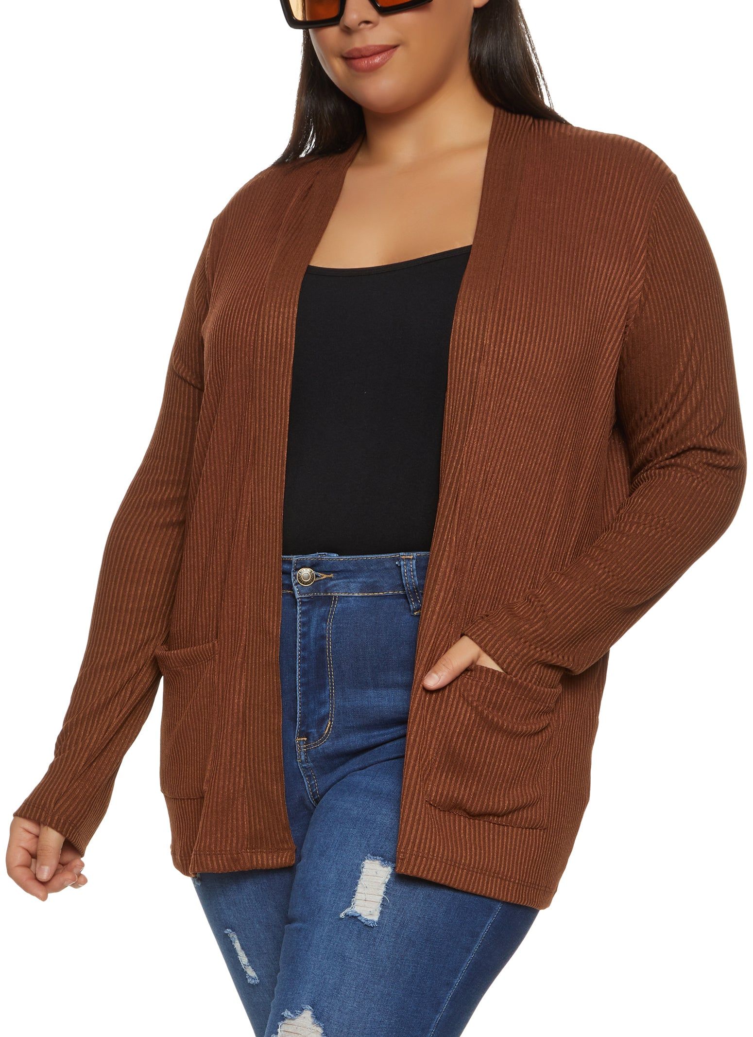 Plus Size Ribbed Knit Pocket Cardigan sold by Rainbow