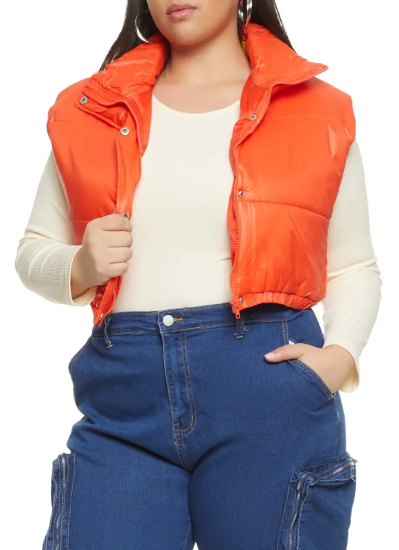 Plus Size Snap Button Zip Front Cropped Puffer Vest sold by Rainbow