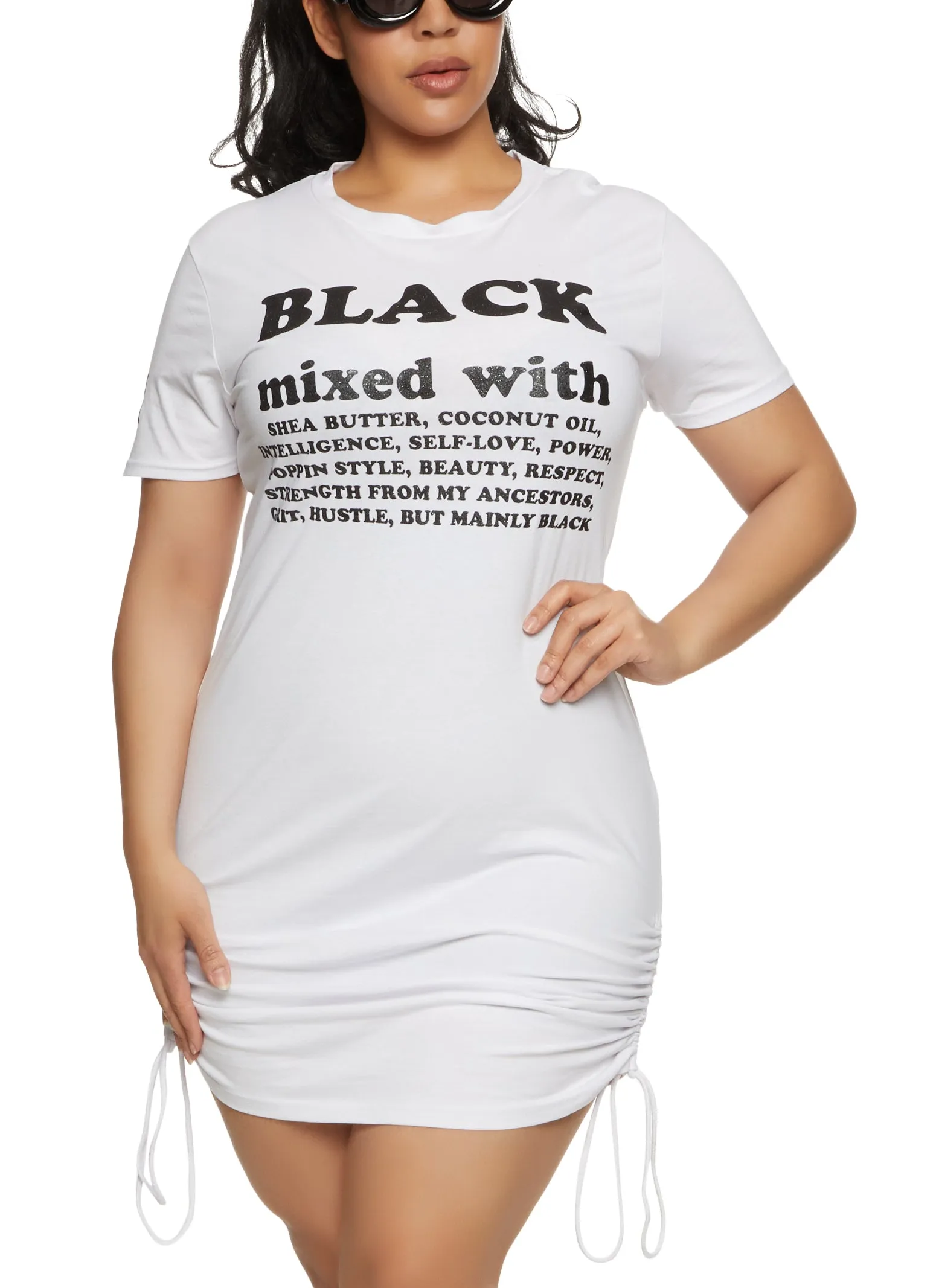 Plus Size Black Mixed With Graphic Ruched T Shirt Dress sold by Rainbow