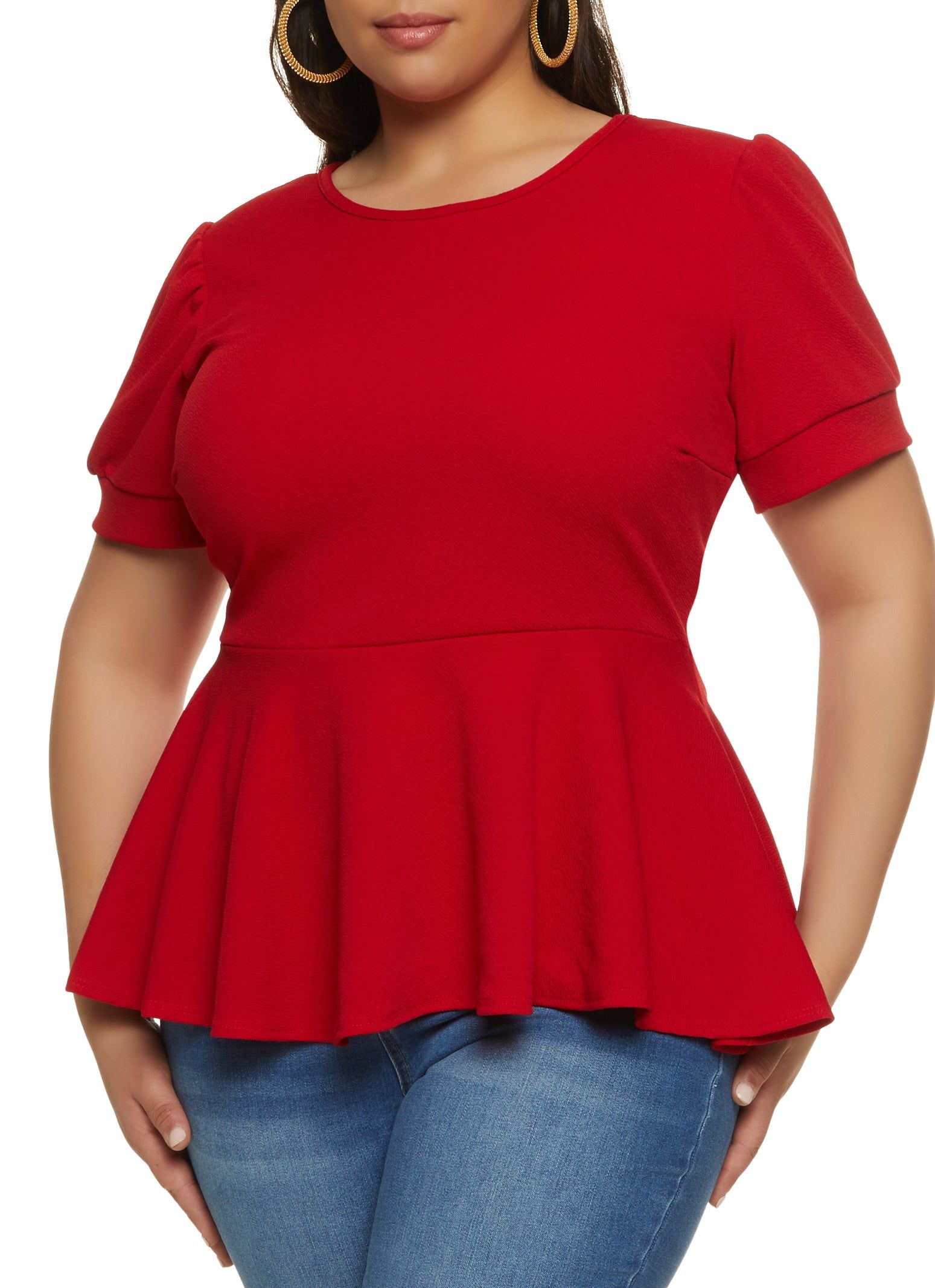 Plus Size Solid Crepe Knit Peplum Top sold by Rainbow