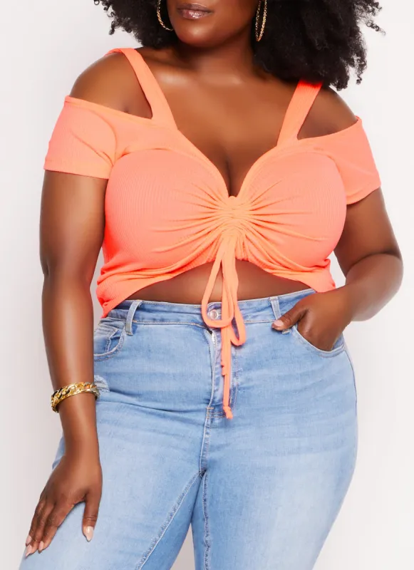 Plus Size Ribbed Knit Ruched Cold Shoulder Top sold by Rainbow