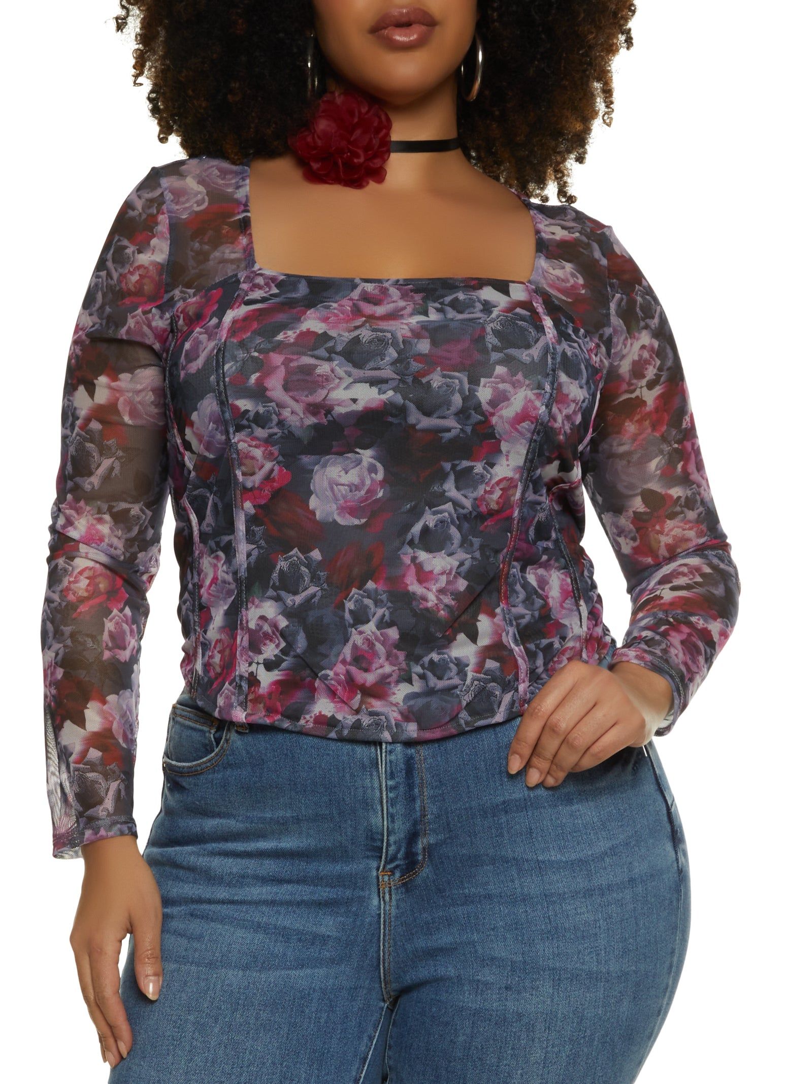 Plus Size Mesh Printed Long Sleeve Corset Top sold by Rainbow