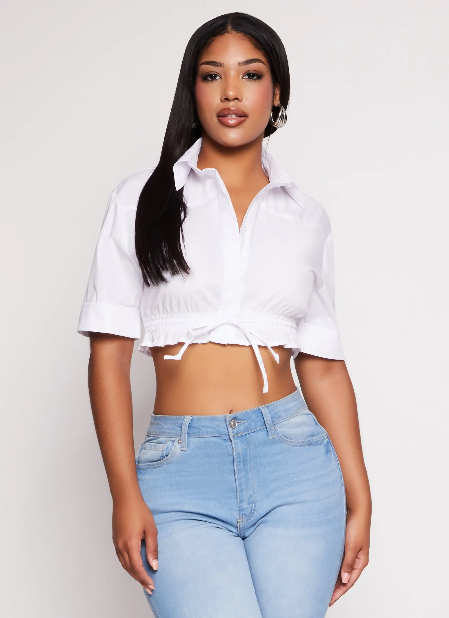 Poplin Button Front Drawstring Hem Shirt sold by Rainbow