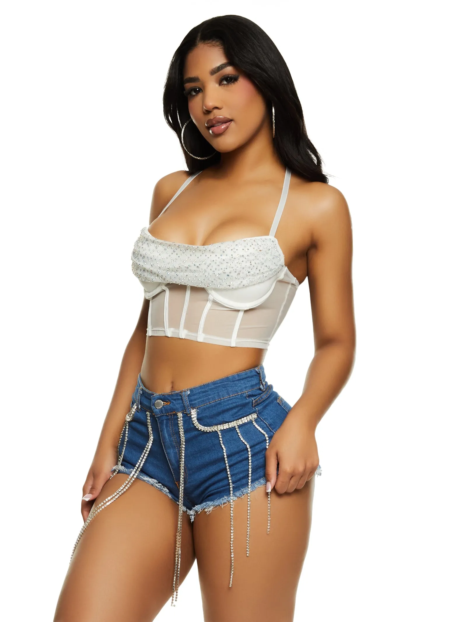 Mesh Rhinestone Bustier Crop Top sold by Rainbow
